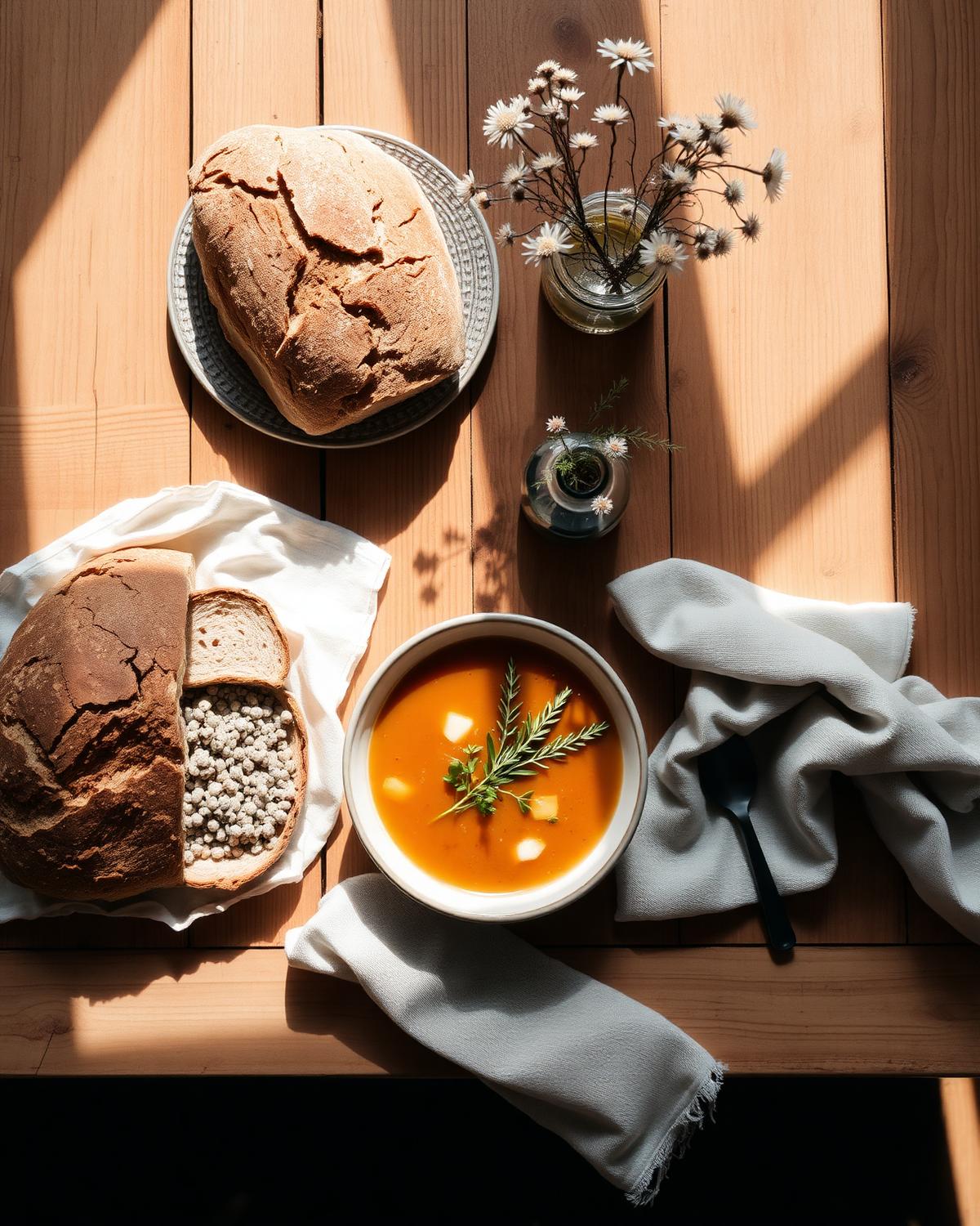 A warm harvest table set with fresh sourdough, nourishing soup, and wildflowers